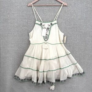 Flannel Embroidered Tiered Mini Dress White Green Boho Festival Sz 2 S Babydoll